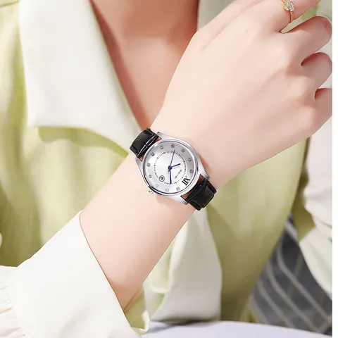Fashion Women Quartz Watch Sunray Dial Rhinestone Markers Date Window Faux Leather Strap Elegant Casual Wrist Watch
