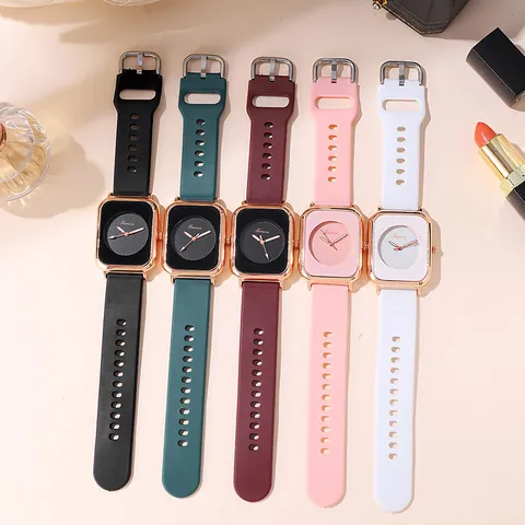 Women Fashion Rectangular Quartz Watch With Silicone Strap Rose Gold Case Minimalist Analog Dial Casual Wrist Watch