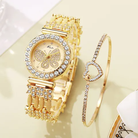 Luxus Damen Quarz Uhr Armband Set Goldton Strass Eingelegt Blumen Schmetterling Muster Legierung Armbanduhr Für Damen Party Schmuck Geschenk