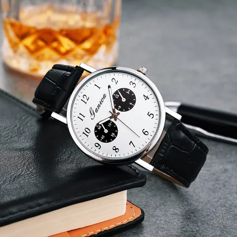 Montre à Quartz de Mode pour Hommes Boîtier Rond Cadrans Décoratifs Bracelet en Cuir PU Montre de Bracelet Business