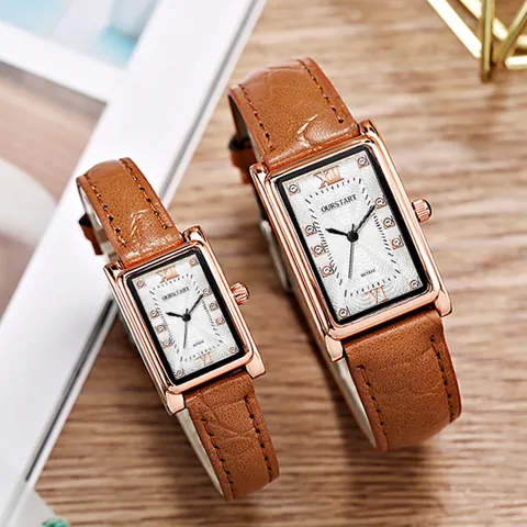 Vintage Rectangular Quartz Watch For Men Women Rhinestone Roman Numerals Alloy Case Faux Leather Strap Fashion Watch