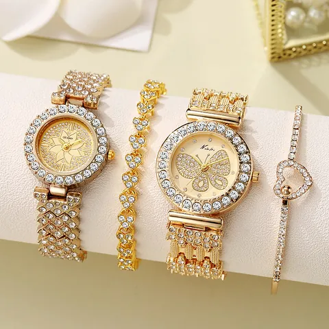 Luxus Damen Quarz Uhr Armband Set Goldton Strass Eingelegt Blumen Schmetterling Muster Legierung Armbanduhr Für Damen Party Schmuck Geschenk