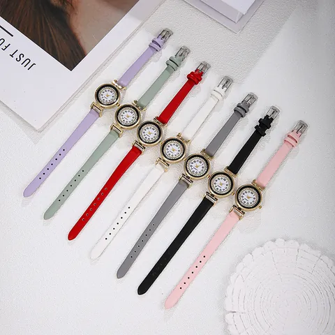 Elegante Dames Quartzhorloge Met Strass Ingelegde Kleine Wijzerplaat Goud Legering Kast PU Leren Band Premium Senior Stijl Polshorloge