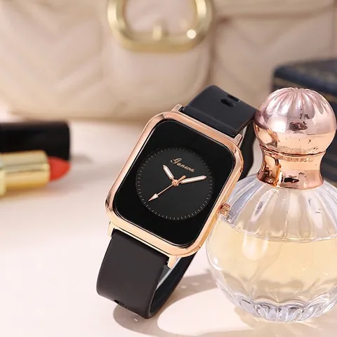 Women Fashion Rectangular Quartz Watch With Silicone Strap Rose Gold Case Minimalist Analog Dial Casual Wrist Watch