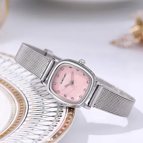Damen Mode Quadratische Quarzuhr Strass Markierungen Zifferblatt Silber Edelstahl Netzarmband Elegante Damen Armbanduhr