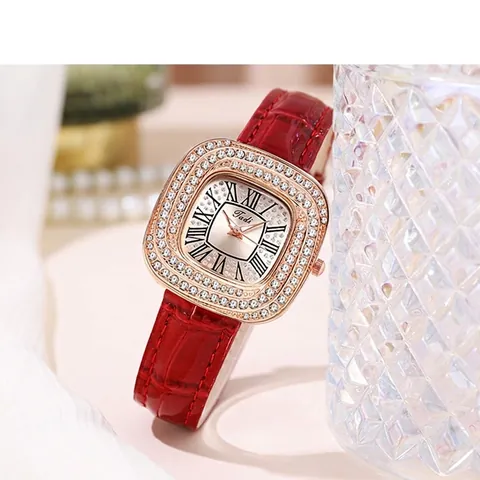 Montre à Quartz Carrée de Luxe avec Strass pour Femmes Mode Bracelet en Cuir PU Chiffres Romains Ciel Étoilé Montre-Bracelet pour Dames Cadeau Bijou Élégant
