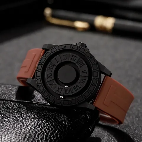 Orologio Creativo con Sfera Magnetica Senza Lancette Uomo Donna Quarzo Cinturino in Silicone Numeri Romani Stile Industriale