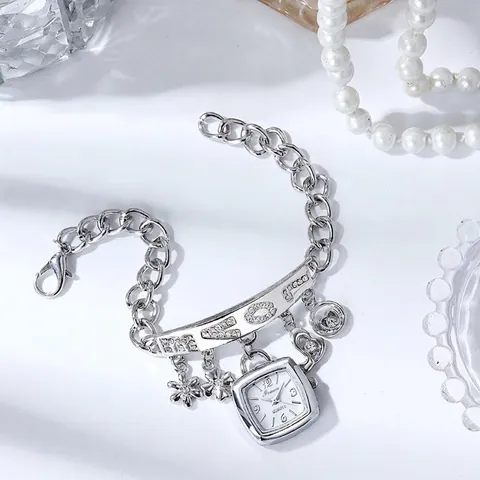 Women's Fashion LOVE Pendant Bracelet Watch Luxury Rhinestone Stainless Steel Strap Square Dial Quartz Wristwatch Jewelry Gift
