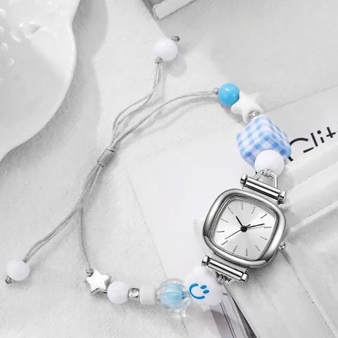 Damen Quadratische Quarzuhr Mit Geflochtenem Nylonarmband Keramikperlen Verstellbar Smiley Süß Mode Student Armbanduhr