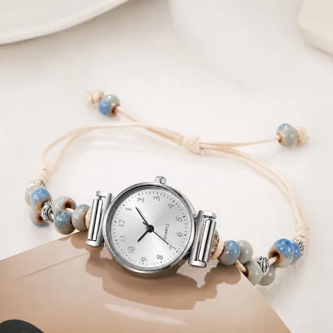 Reloj de Pulsera de Cuarzo Bohemio para Mujer Cuerda Trenzada Cuentas de Cerámica Caja Redonda de Aleación Estilo Étnico