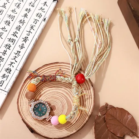 Bohemian Woven Strap Watch Women Rhinestone Alloy Flower Case Ethnic Hand Rope Beaded Adjustable Quartz Watch Jewelry Gift