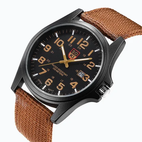 Men SOKI Military Quartz Watch Canvas Nylon Strap Date Display Arabic Numerals Sport Wristwatch 24 Hour Indicator