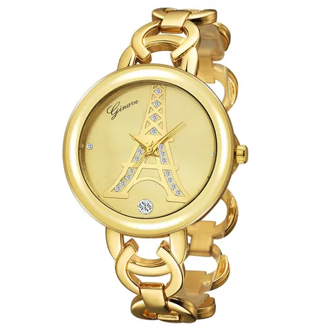 Women Fashion Quartz Watch Alloy Chain Link Band Eiffel Tower Dial Rhinestone Decorative Bracelet Watch
