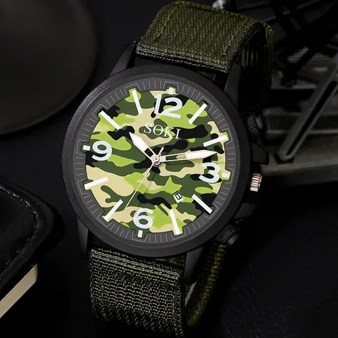 Men Military Sports Quartz Watch Camouflage Nylon Braided Strap Date Calendar Analog Round Dial Outdoor Wristwatch