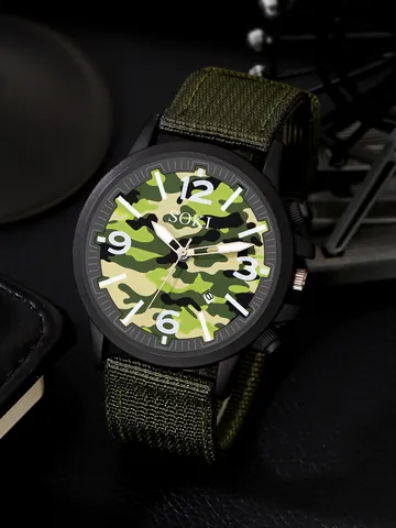 Men Military Sports Quartz Watch Camouflage Nylon Braided Strap Date Calendar Analog Round Dial Outdoor Wristwatch