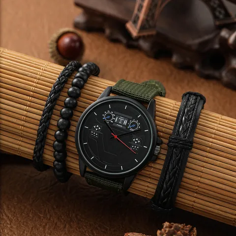 Set Orologio al Quarzo e Bracciali da Uomo Quadrante Creativo a Cruscotto Auto Cinturino in Tela Cassa in Lega Regalo
