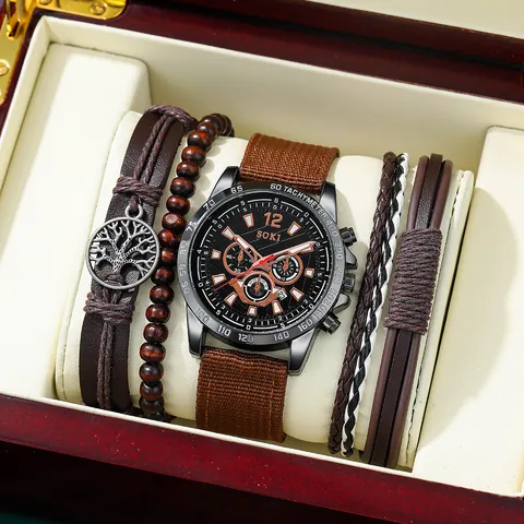 SOKI Herren Quarzuhr Mit Holzperlen Leder Geflochtenes Armband Braun Leinwand Armband Legierung Gehäuse Leuchtend Lässig Sportuhr