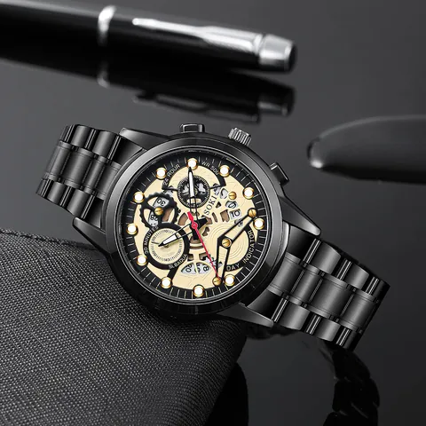 Juego de Reloj de Cuarzo y Pulsera de Negocios para Hombre Correa de Acero Inoxidable Caja de Aleación Impermeable Cronógrafo Reloj