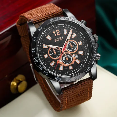 SOKI Herren Quarzuhr Mit Holzperlen Leder Geflochtenes Armband Braun Leinwand Armband Legierung Gehäuse Leuchtend Lässig Sportuhr