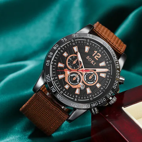SOKI Men Fashion Minimalist Quartz Watch With Brown Canvas Strap Black Round Dial Luminous Pointer Calendar Sporty Daily Wristwatch