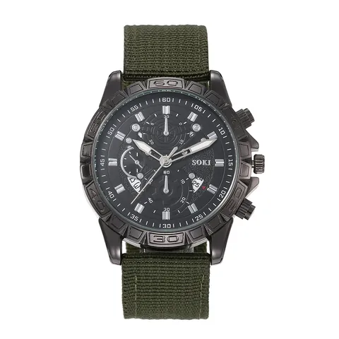 SOKI Men Fashion Minimalist Quartz Watch Alloy Case Military Sporty Style Calendar Luminous Canvas Strap Men Casual Wristwatch