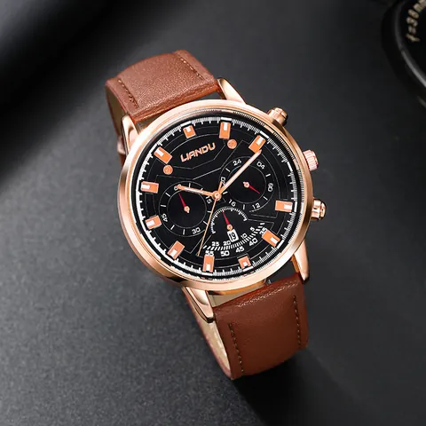 Liandu Men's Business Quartz Watch Rose Gold Alloy Case Brown PU Leather Strap Multi-Function Dial Calendar Wristwatch