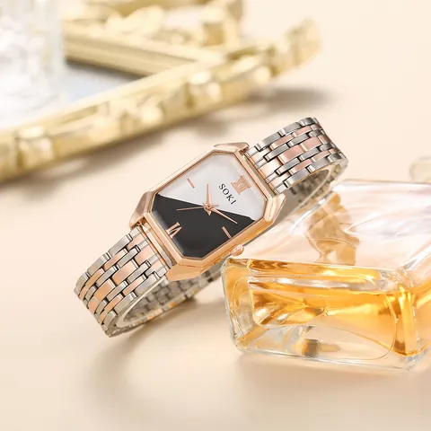 SOKI Damen Mode Quarzuhr Kontrast Schwarz Weiß Zifferblatt Ateckiges Gehäuse Bicolor Edelstahl Armband Elegante Armbanduhr Geschenk