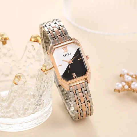 SOKI Damen Mode Quarzuhr Kontrast Schwarz Weiß Zifferblatt Ateckiges Gehäuse Bicolor Edelstahl Armband Elegante Armbanduhr Geschenk
