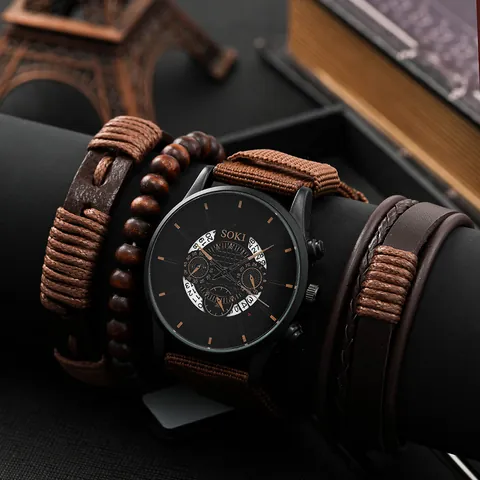 SOKI Herren Retro Quarzuhr Und Armband Set Legierungsgehäuse Segeltucharmband Analoge Armbanduhr Geflochtenes Leder Holzperlen Armbänder Herrenschmuck