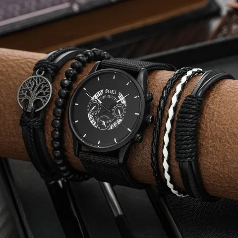 SOKI Herren Retro Quarzuhr Und Armband Set Legierungsgehäuse Segeltucharmband Analoge Armbanduhr Geflochtenes Leder Holzperlen Armbänder Herrenschmuck
