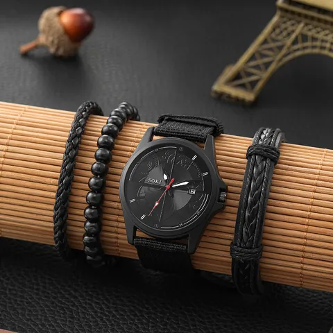 Combinazione Orologio al Quarzo Sportivo da Uomo e Bracciali SOKI Con Cinturino in Tela Visualizzazione Data Cassa in Lega Perline di Legno Intrecciate