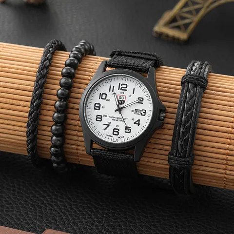 Herren Militär Quarzuhr Nylonarmband Kalender Armbanduhr Mit Mehrlagigen Geflochtenen Leder Holzperlen Armbändern Für Herren Outdoor Alltag Geschenk