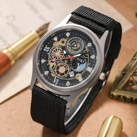 SOKI Men's Quartz Watch With Canvas Nylon Strap Fashion Casual Calendar Mechanical Style Alloy Case Round Analog Wristwatch Gift