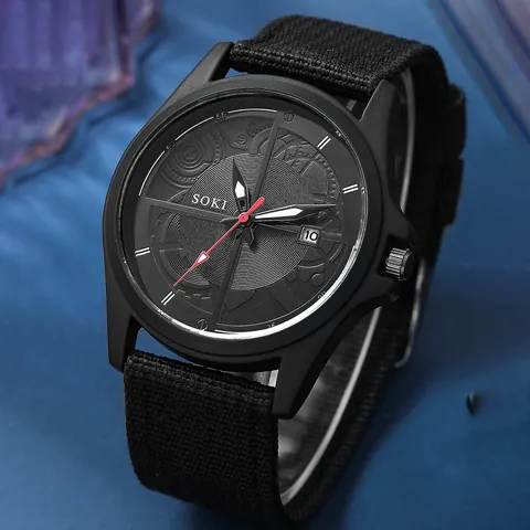 Combinazione Orologio al Quarzo Sportivo da Uomo e Bracciali SOKI Con Cinturino in Tela Visualizzazione Data Cassa in Lega Perline di Legno Intrecciate