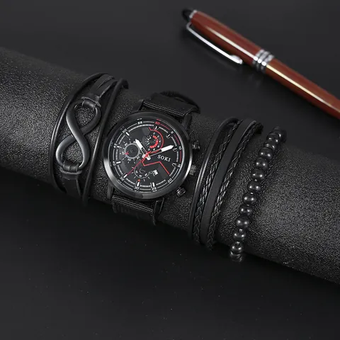 SOKI Orologio da Uomo Quarzo Militare Casual Set Cinturino in Tela Nera Calendario Con Bracciali in Pelle Intrecciata Infinito con Perline