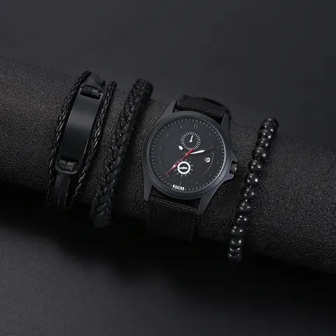 Set Orologio al Quarzo da Uomo con Funzione Calendario Cinturino in Nylon Bracciali in Similpelle Intrecciata e Perline di Legno Set Gioielli Orologio Casual