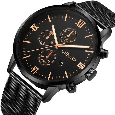 Men's Fashion Business Quartz Watch Alloy Case Stainless Steel Mesh Band Round Dial Roman Numerals Date Display Wristwatch