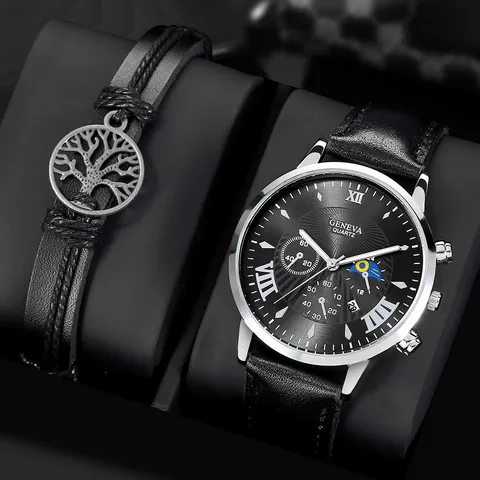 GENEVA Men Business Quartz Watch Silver Alloy Case Black PU Leather Strap Date Window And Black Braided Tree Of Life Bracelet