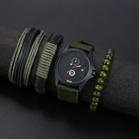 Set Orologio al Quarzo da Uomo con Funzione Calendario Cinturino in Nylon Bracciali in Similpelle Intrecciata e Perline di Legno Set Gioielli Orologio Casual