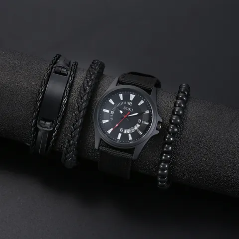 SOKI Men Quartz Watch Bracelet Calendar Canvas Strap Alloy Case Wristwatch Including Fashion Braided Leather Bracelets
