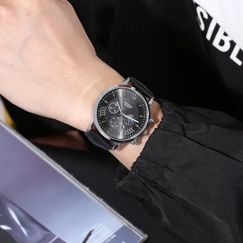 GENEVA Men Business Quartz Watch Silver Alloy Case Black PU Leather Strap Date Window And Black Braided Tree Of Life Bracelet