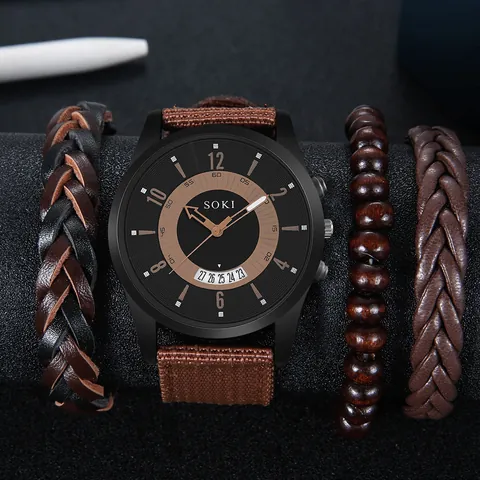 Herren Casual Quarzuhr Set Mode Kalender Armbanduhr Mit Geflochtenem Leder Holzperlen Armband Set Schmuck Geschenk