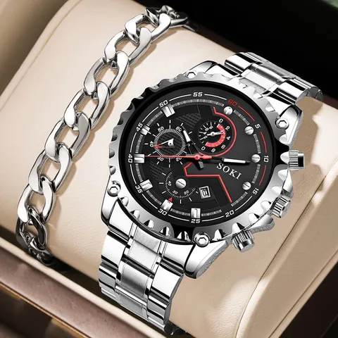 Herren Business Casual Uhren-Set SOKI Quarzarmbanduhr mit Kalender Edelstahlarmband und Metall Kubanische Kette Armband Geschenk
