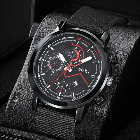 SOKI Orologio da Uomo Quarzo Militare Casual Set Cinturino in Tela Nera Calendario Con Bracciali in Pelle Intrecciata Infinito con Perline