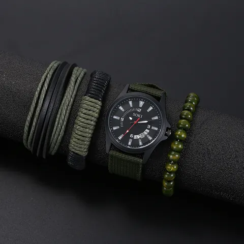 SOKI Men Quartz Watch Bracelet Calendar Canvas Strap Alloy Case Wristwatch Including Fashion Braided Leather Bracelets