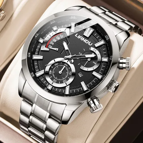 Reloj de Cuarzo para Hombre LIANDU Moda Negocios Correa de Acero Inoxidable Resistente al Agua Reloj Multifunción