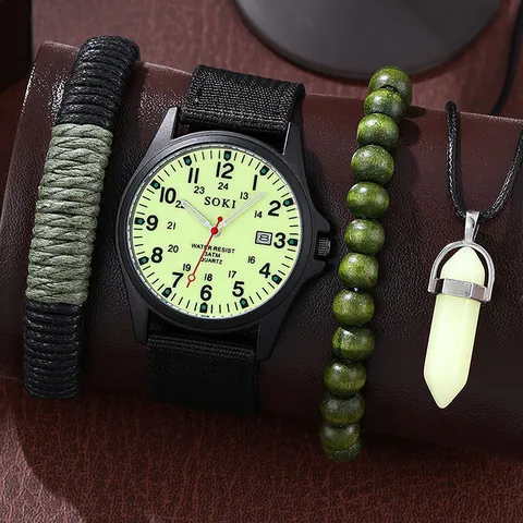 SOKI Herren Quarzuhr Segeltucharmband Leuchtend Datum Lässig Outdoor Militär Armbanduhr Leder Holz Armband Kette Geschenk