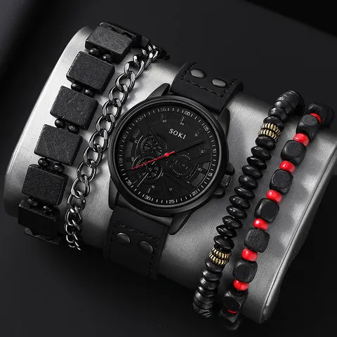 SOKI Men's Sport Quartz Watch Set With Black Faux Leather Strap Round Alloy Case Decorative Bracelets Calendar Wristwatch Gift