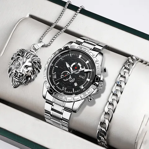 Orologio al Quarzo Business da Uomo Numeri Romani Calendario Cinturino in Acciaio Inossidabile Con Collana Pendente Testa di Leone e Bracciale