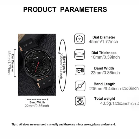 SOKI Men's Sport Quartz Watch Set With Black Faux Leather Strap Round Alloy Case Decorative Bracelets Calendar Wristwatch Gift